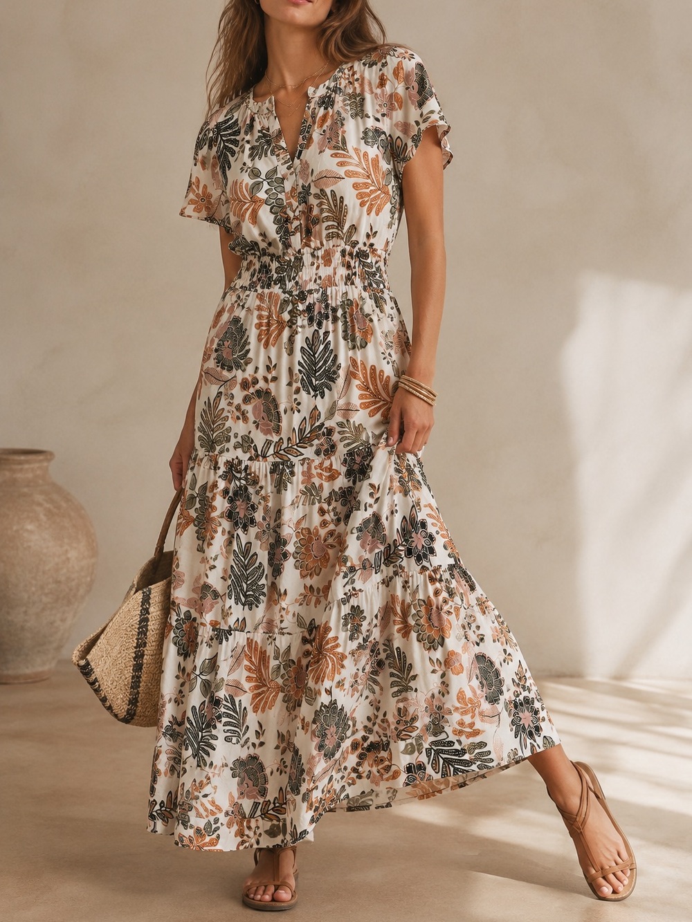 Cynthia Rowley Floral Tiered Midi Dress Women’s Large Cotton Blend Puff Sleeve